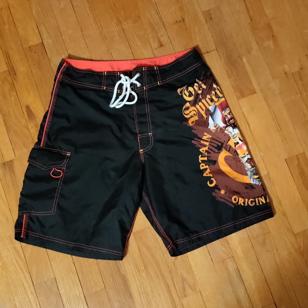 Captain Morgan board shorts with large side Velcro-close pocket.